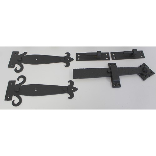 244 - Three pairs of black painted metal Gothic style hinge fronts, 46cm, 45cm and 27cm long; a pair of ga... 