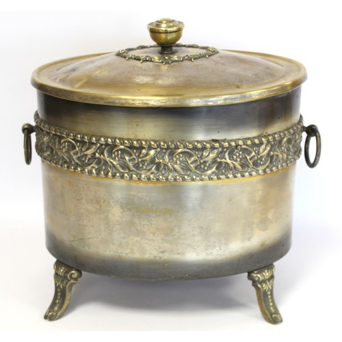 245 - Arts & Crafts silvered brass coal box of oval form with twin ring handles, three foliate moulded... 