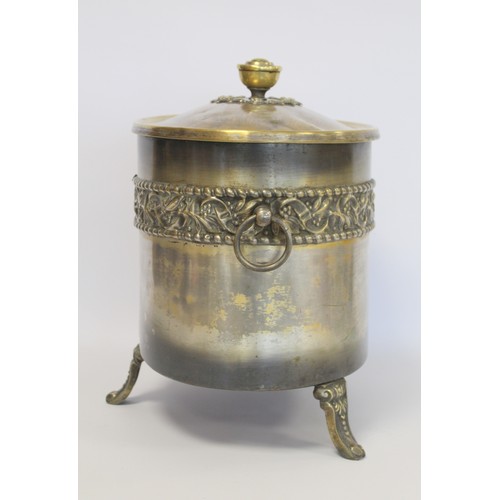 245 - Arts & Crafts silvered brass coal box of oval form with twin ring handles, three foliate moulded... 