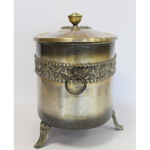 245 - Arts & Crafts silvered brass coal box of oval form with twin ring handles, three foliate moulded... 