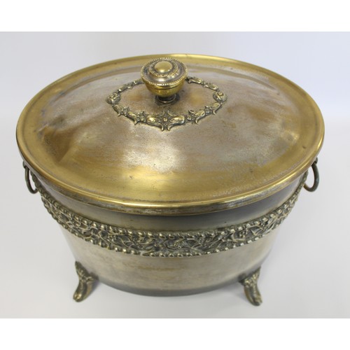 245 - Arts & Crafts silvered brass coal box of oval form with twin ring handles, three foliate moulded... 