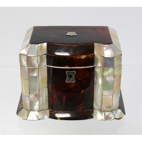 235 - Georgian tortoiseshell and mother of pearl of pearl tea caddy of rectangular form with lobed front, ... 