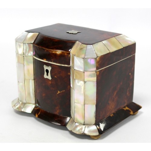 235 - Georgian tortoiseshell and mother of pearl of pearl tea caddy of rectangular form with lobed front, ... 