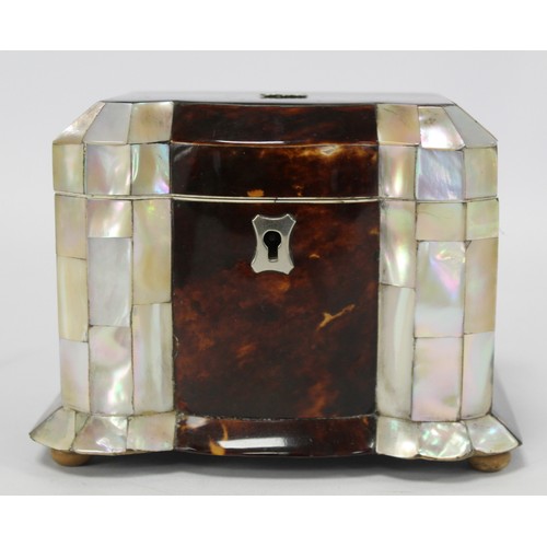 235 - Georgian tortoiseshell and mother of pearl of pearl tea caddy of rectangular form with lobed front, ... 