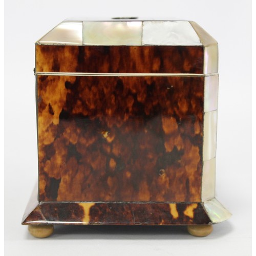 235 - Georgian tortoiseshell and mother of pearl of pearl tea caddy of rectangular form with lobed front, ... 