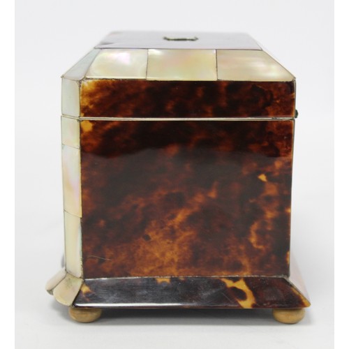 235 - Georgian tortoiseshell and mother of pearl of pearl tea caddy of rectangular form with lobed front, ... 