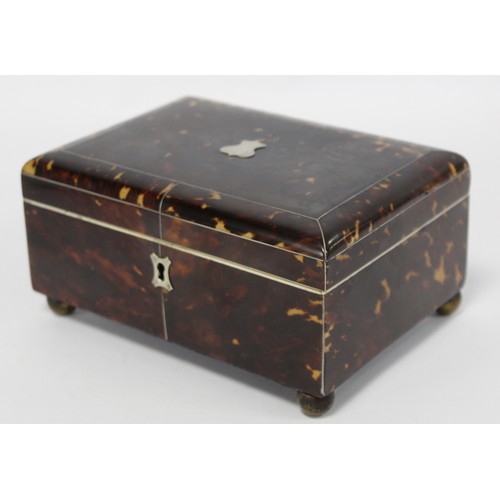 236 - Georgian tortoiseshell workbox of rectangular form with inlaid white metal stringing, shield panel a... 