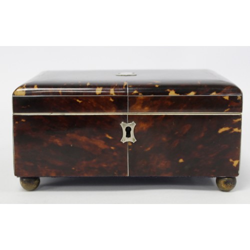 236 - Georgian tortoiseshell workbox of rectangular form with inlaid white metal stringing, shield panel a... 