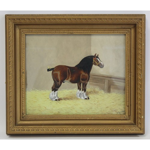 240 - J. Hill (Victorian School).A Shire horse in a stable.Oil on board.21.5cm x 26.5cm.Signed, dated 1893... 