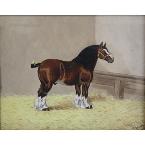 240 - J. Hill (Victorian School).A Shire horse in a stable.Oil on board.21.5cm x 26.5cm.Signed, dated 1893... 