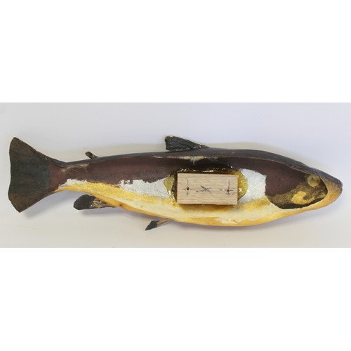 243 - Modern taxidermy model of a trout (hollow), 43cm long, detached from plywood plinth back, 21cm x 51c... 