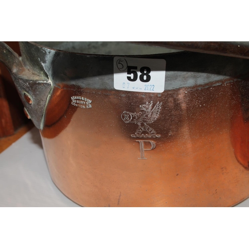 58 - Set of five graduated copper cooking pans, marked Adams & Son.