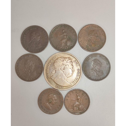 122 - Great Britain. George III mixed coins to include an 1817 silver halfcrown, five 1799 farthings VF gr... 