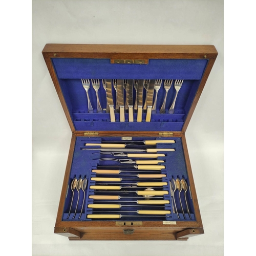 1 - Walker & Hall e.p. canteen of 'Old English' pattern cutlery in oak cabinet, 42cm.