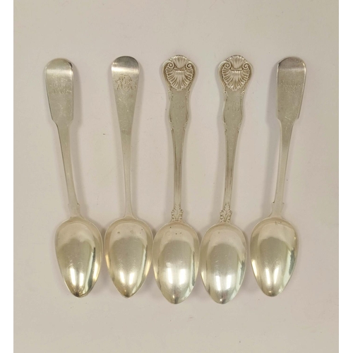 151 - Pair of silver serving spoons of Kings pattern by James Hobbs, 1832 and three others 1810(2) and 181... 