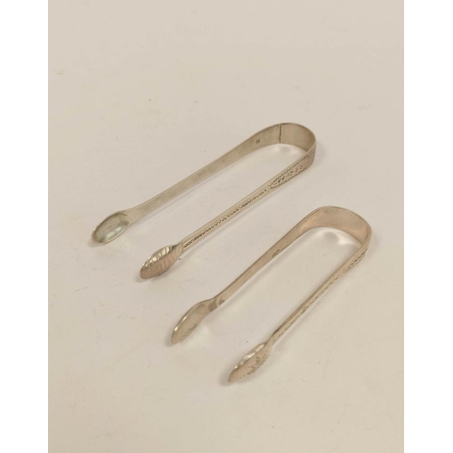 154 - Silver sugar tongs by W. Bateman, 1822, another 1799, a set of tea spoons, 1912 and various others, ... 