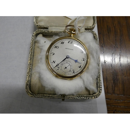 166 - Grosvenor Swiss keyless lever dress watch with silvered dial in 9ct gold openface case, 1930.