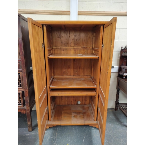 473 - Chinese elm food cupboard, with large slatted doors enclosing a shelved interior with metal locking ... 