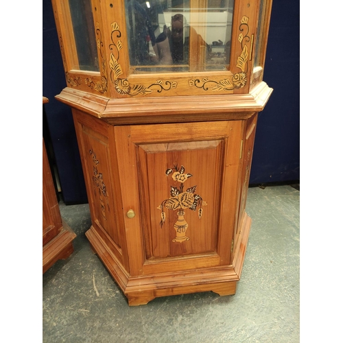 477 - Pair of modern Chinese glazed display cabinets of octagonal form, the glazed door, enclosing two gla... 