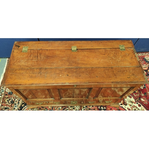 481 - George III oak dower chest, with a hinged top above a panelled frieze and two small drawers, flanked... 