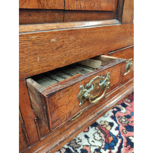 481 - George III oak dower chest, with a hinged top above a panelled frieze and two small drawers, flanked... 