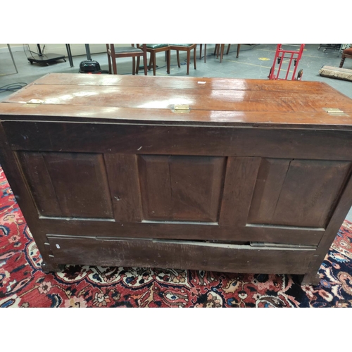 481 - George III oak dower chest, with a hinged top above a panelled frieze and two small drawers, flanked... 