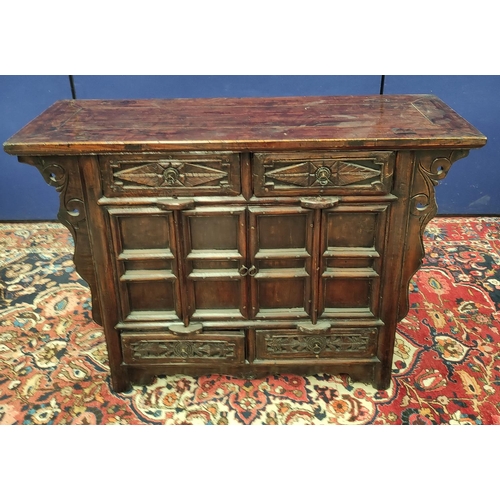 483 - Chinese lacquer altar cabinet, of sleigh form, with two small carved drawers above two doors enclosi... 