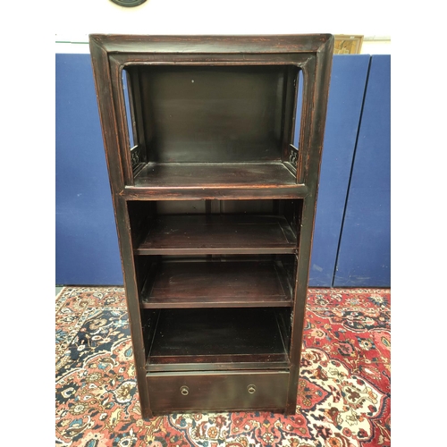 484 - Chinese lacquer display stand, with open section above shelving and a long drawer, carved panels to ... 