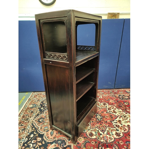 484 - Chinese lacquer display stand, with open section above shelving and a long drawer, carved panels to ... 