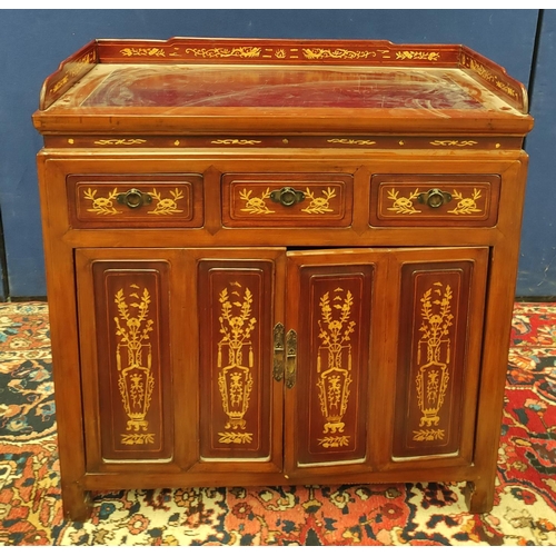 486 - Chinese inlaid hardwood cupboard with a three-quarter gallery above three short drawers and two door... 