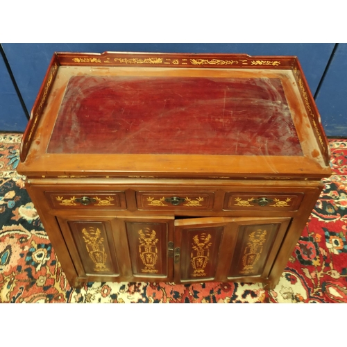 486 - Chinese inlaid hardwood cupboard with a three-quarter gallery above three short drawers and two door... 