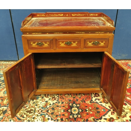 486 - Chinese inlaid hardwood cupboard with a three-quarter gallery above three short drawers and two door... 