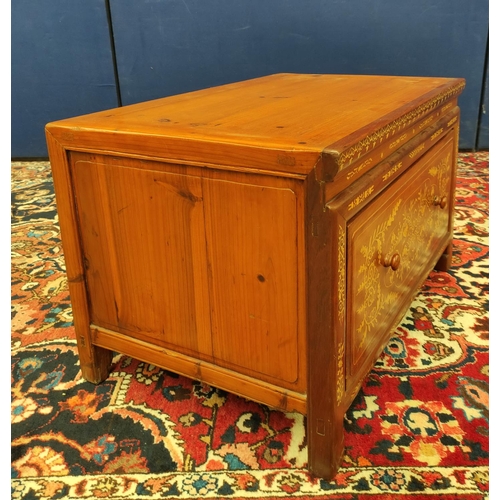 490 - Antique Chinese inlaid pine chest, Origin Ningbo, with a single deep drawer. Decorated with bone, in... 