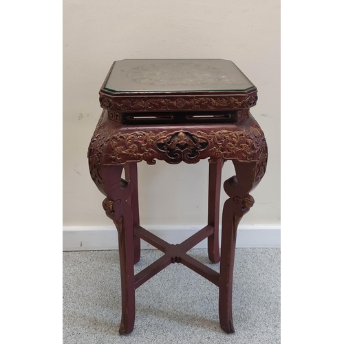 491 - Antique Chinese Cinnibar lacquer style Jardeniere stand, Origin Fujian, with a carved and gilt paint... 