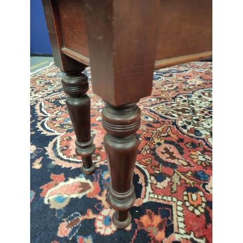 494 - Late Victorian mahogany hall bench with a cylindrical scroll terminal to either side of the seat, on... 