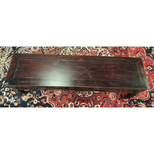 495 - Antique Chinese lacquer bench, the rectangular top with pierced frieze sides and fret scrolls above ... 