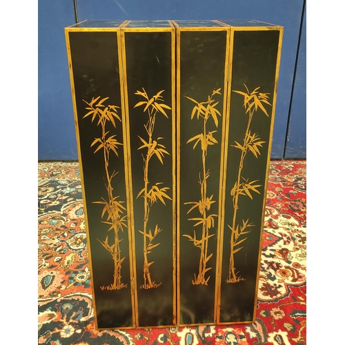 496 - Chinese black lacquer and gilt screen divider in four sections with open shelving decorated with gil... 