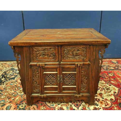 497 - Antique Chinese Shanxi carved elm cabinet, With two deep drawers above two cupboard doors decorated ... 