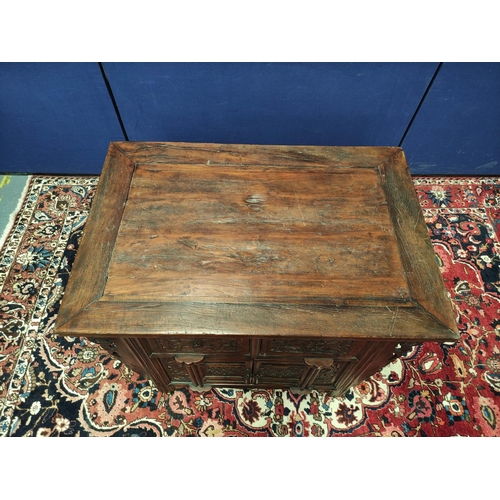 497 - Antique Chinese Shanxi carved elm cabinet, With two deep drawers above two cupboard doors decorated ... 