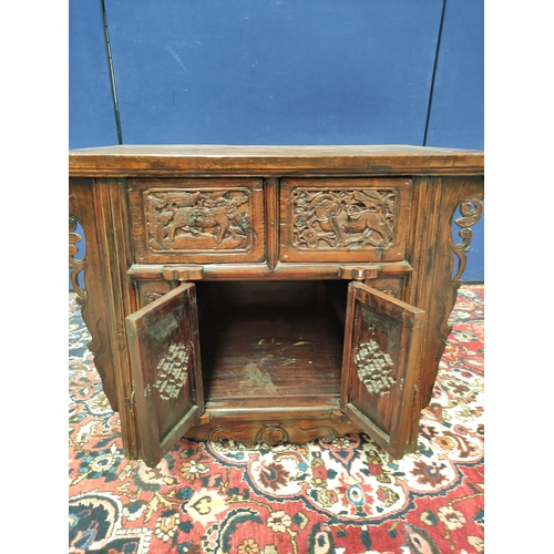 497 - Antique Chinese Shanxi carved elm cabinet, With two deep drawers above two cupboard doors decorated ... 