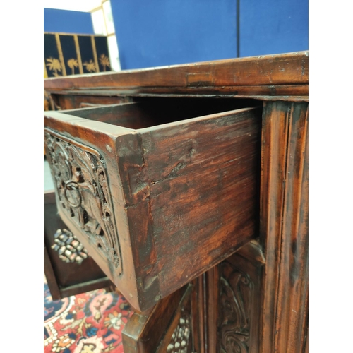 497 - Antique Chinese Shanxi carved elm cabinet, With two deep drawers above two cupboard doors decorated ... 