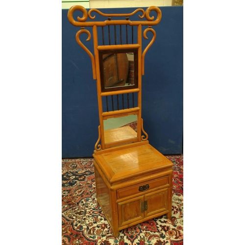 499 - Chinese wash stand, Modelled as a hall seat with two mirrored panels to the back rest, within scroll... 