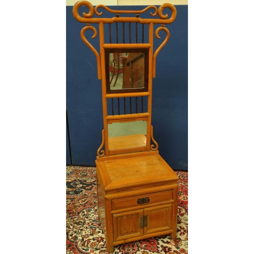 499 - Chinese wash stand, Modelled as a hall seat with two mirrored panels to the back rest, within scroll... 