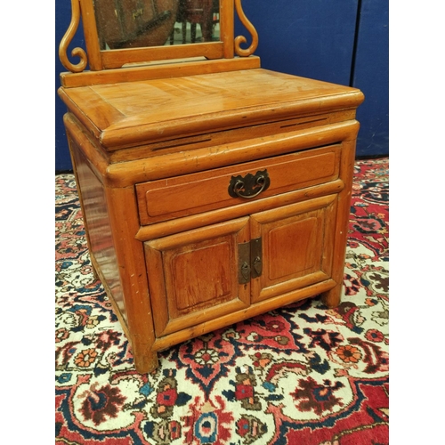 499 - Chinese wash stand, Modelled as a hall seat with two mirrored panels to the back rest, within scroll... 