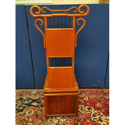 499 - Chinese wash stand, Modelled as a hall seat with two mirrored panels to the back rest, within scroll... 