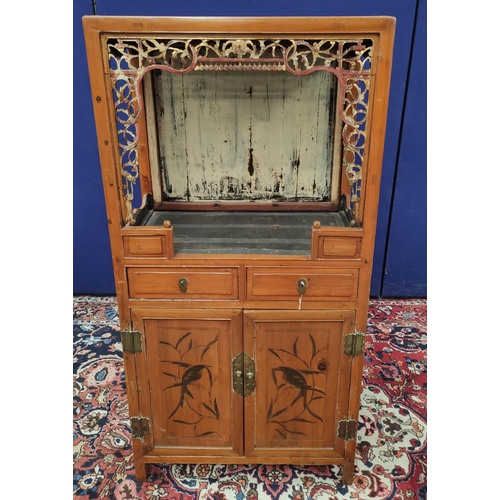 503 - Antique Chinese Jiangxi pine alter cabinet, With an open section decorated with lacquered scroll pan... 