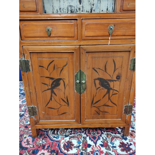 503 - Antique Chinese Jiangxi pine alter cabinet, With an open section decorated with lacquered scroll pan... 