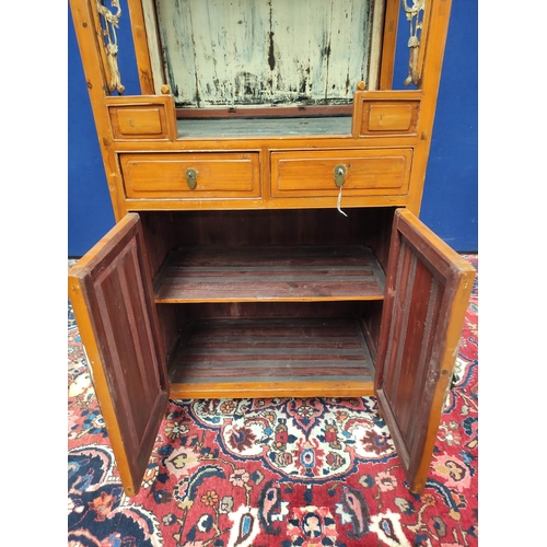 503 - Antique Chinese Jiangxi pine alter cabinet, With an open section decorated with lacquered scroll pan... 