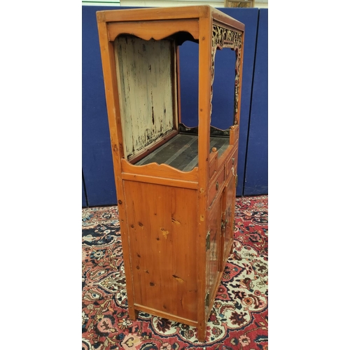 503 - Antique Chinese Jiangxi pine alter cabinet, With an open section decorated with lacquered scroll pan... 