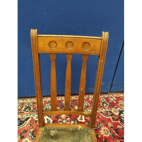 505 - Seven matching Arts & Crafts oak dining chairs, circa 1920s/1930s, with three plain circular rou... 